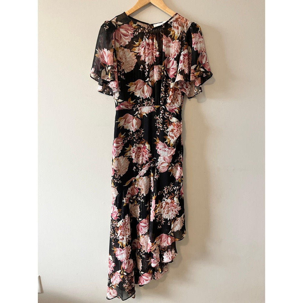 ASTR The Label Floral Metallic Midi Dress Wedding Guest Black Pink S High-Low